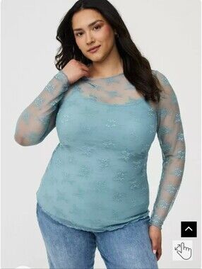 Sheer Lace Long-Sleeve Top - Aqua Blue